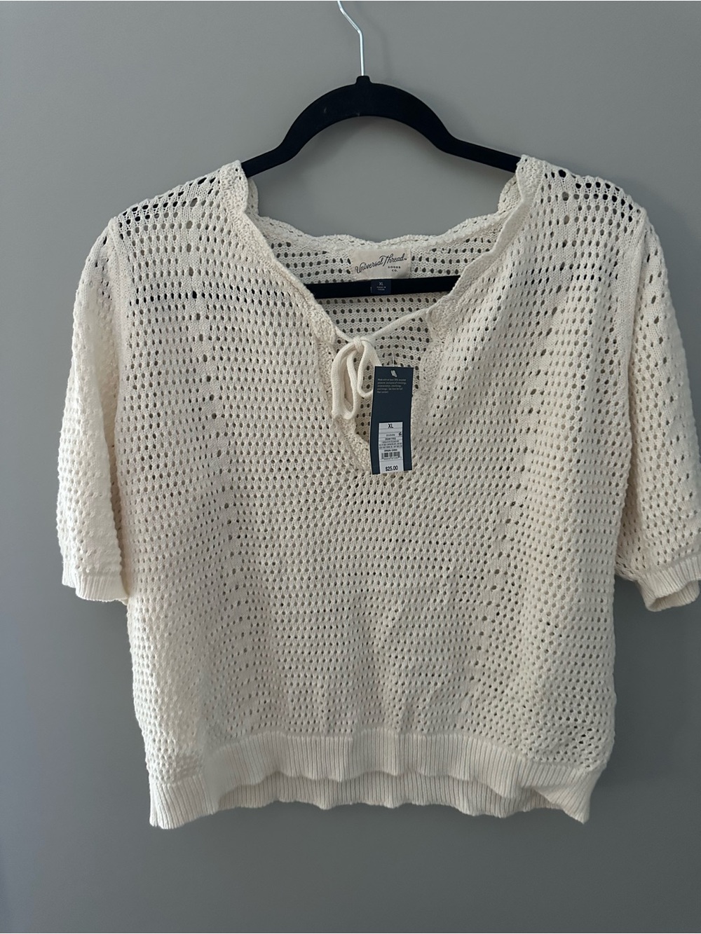 Universal Thread Cream Open-Knit Lace-Up Short Sleeve Pullover Sweater